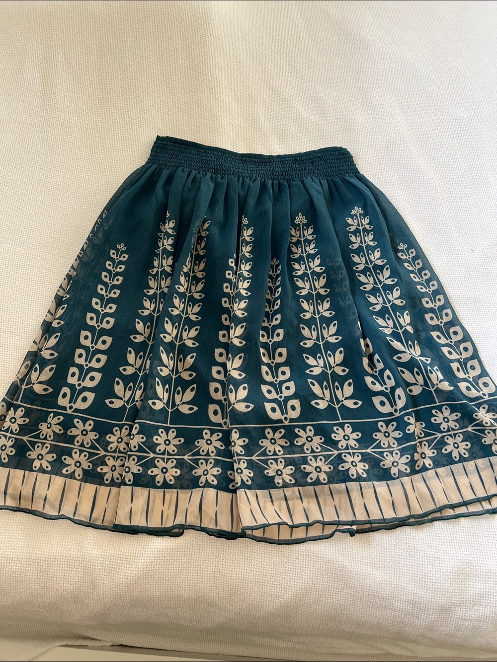 Teal Botanical Print Circle Skirt with Smocked Waist